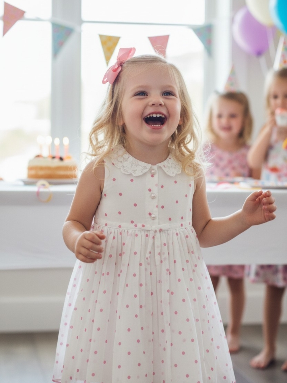 Blueberi Boulevard Girls White Dress with Pink Polka Dots
